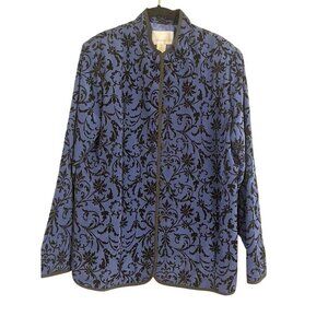 Susan Graver Floral Jacket M Blue Burnout Asian Boho Western Classic Chic Retro